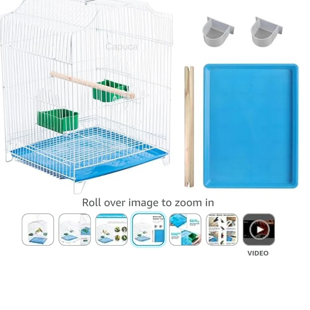 Small bird travel cage with blue plastic removable tray